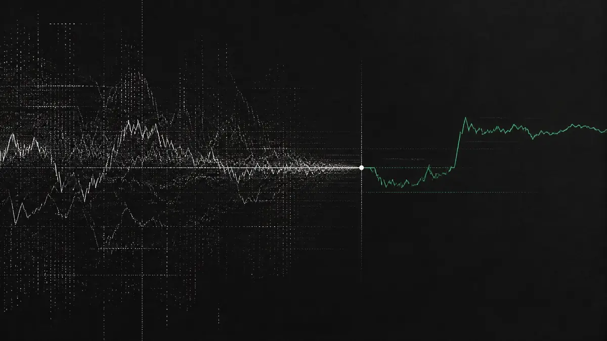 Abstract market signal resolving from noise into a clear structural event